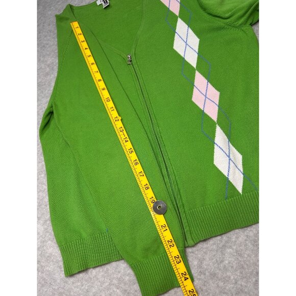 VTG IZOD Womens XL Preppy Argyle Zip Cardigan Bright Green Cotton Sweater - Picture 5 of 14